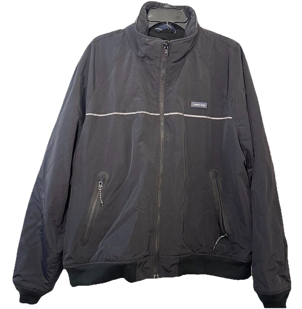 Lands’ End Men’s XL Fleece Lined Full Zip Jacket Black Insulated Pockets Bomber